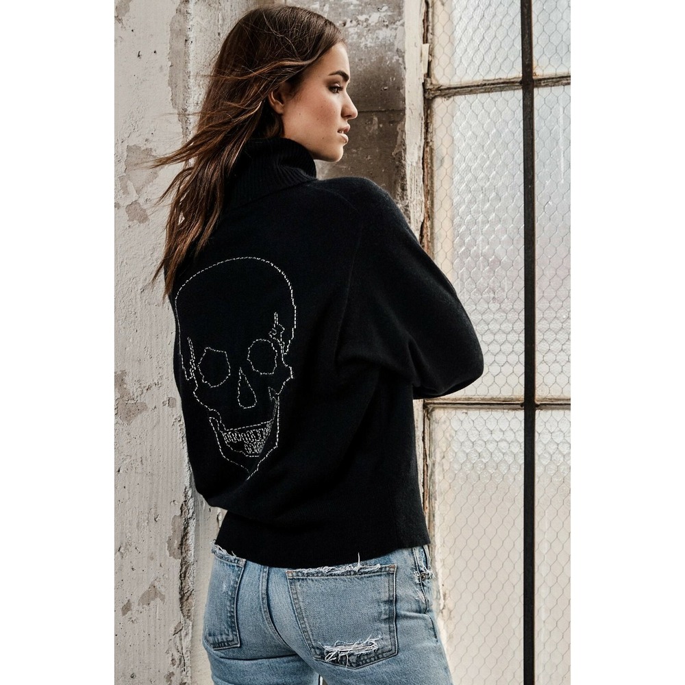 NWT Skull Cashmere Zyan Embroidered Skull Turtleneck Sweater Black XS M $391